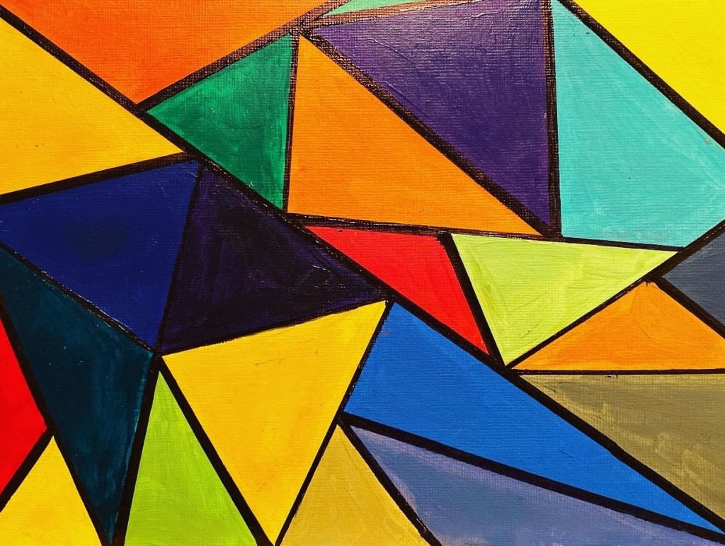 Multi-coloured geometric print, mostly triangles, with a couple of quadrilaterals, in acrylic paint.