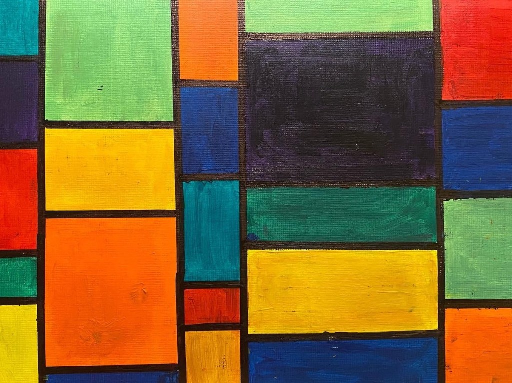 Multi-coloured geometric print using squares and rectangles, in acrylic paint.